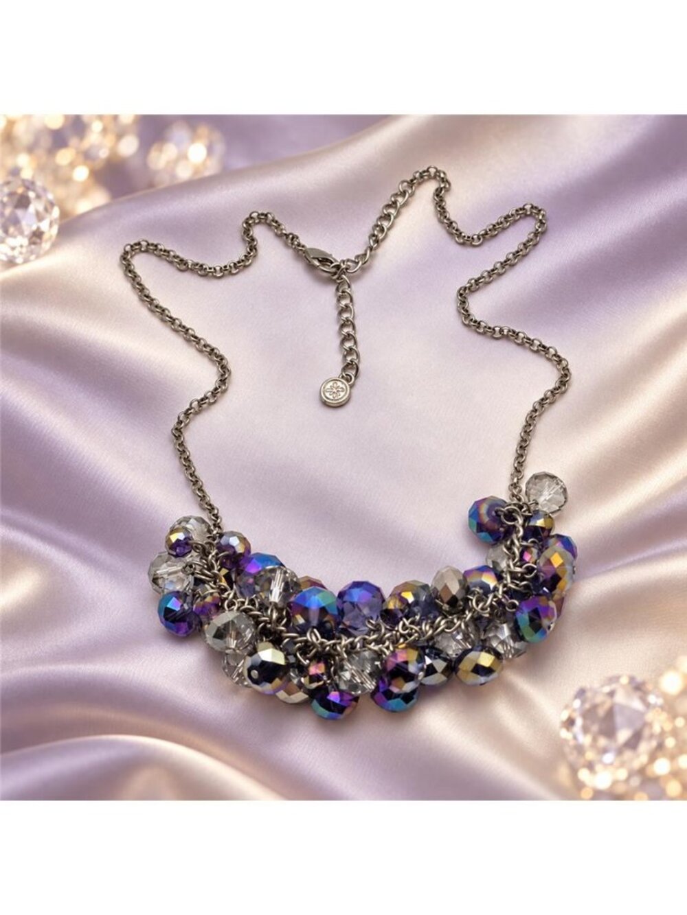 Purple AB Crystal Cluster Bib Necklace Silver Tone Simply Vera Wang 24 In